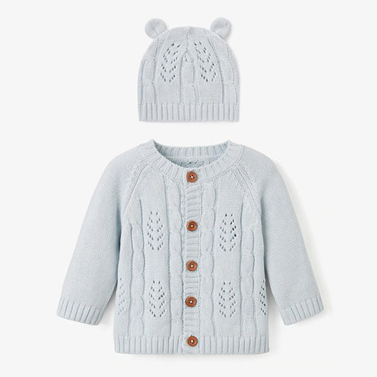 Pale Blue Leaf Knit Cardigan + Hat Boxed Baby Gift Set