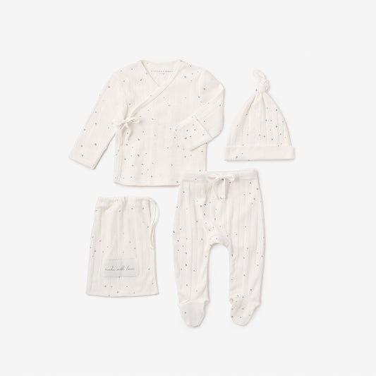 White Celestial Printed Organic Cotton Ribbed Baby Layette Set