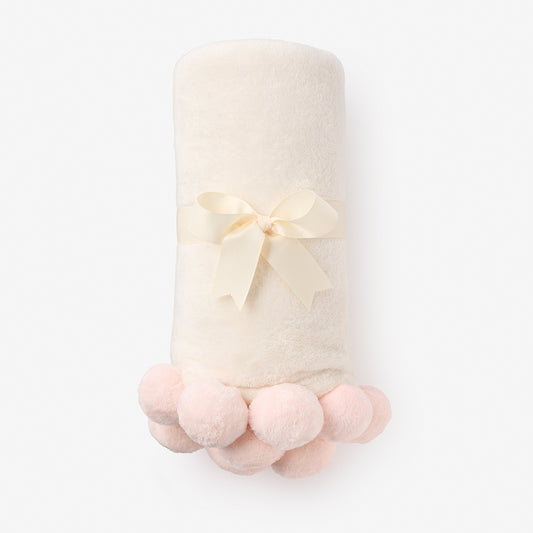 Pale Pink Pom Trim Fleece Baby Stroller Blanket